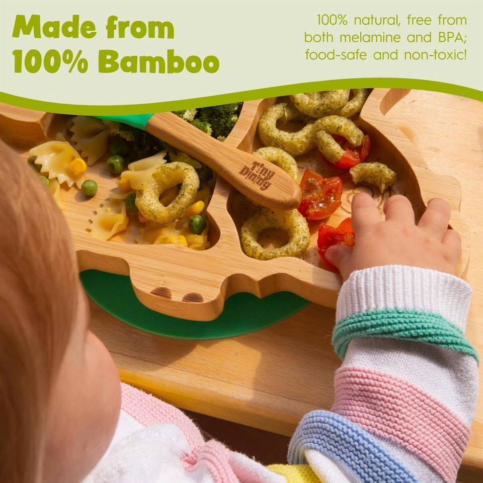 image 1 of Tiny Dining Bamboo Dinosaur Baby Weaning Plate & Fork Set - Green