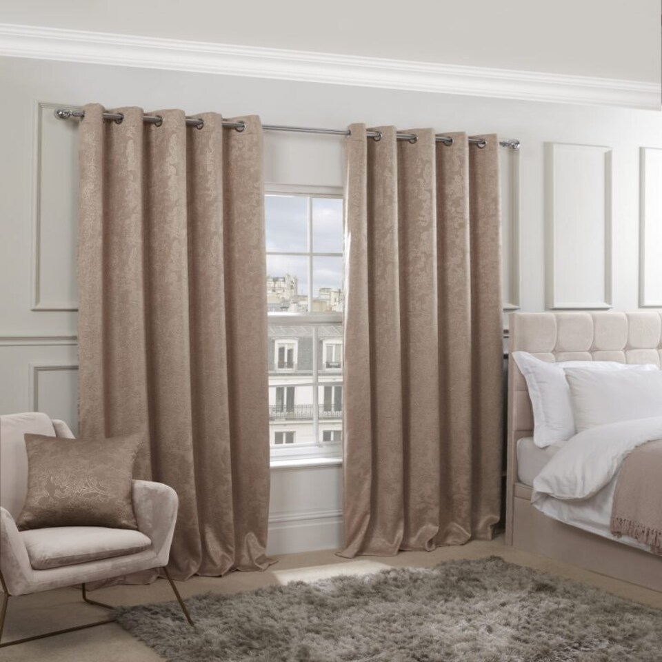 image 1 of Royal Damask Elegant Woven Blackout Eyelet Curtains 116cm x 183cm Taupe Brown | Natural