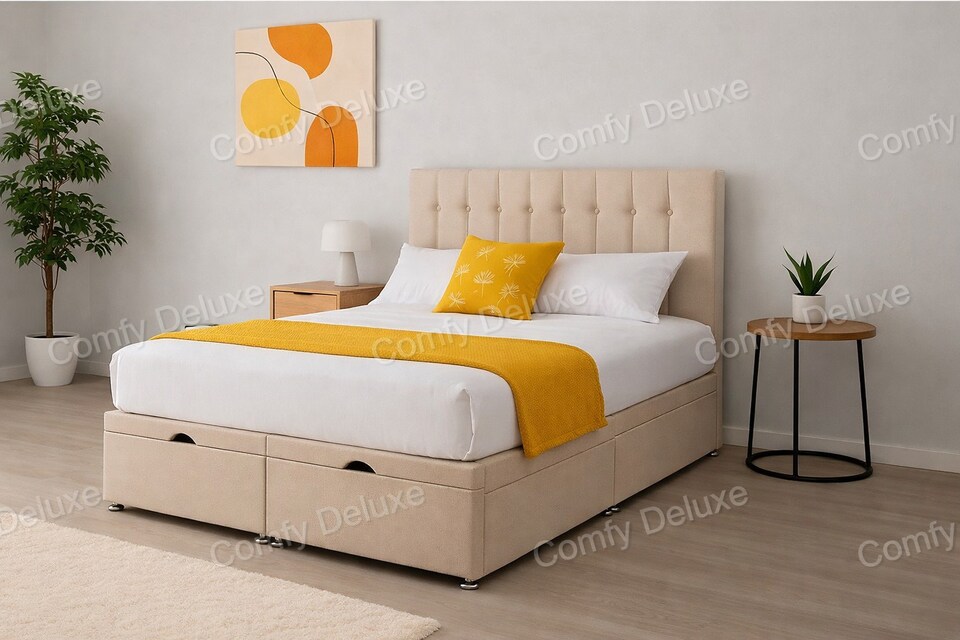 image 1 of 4FT6 Double Ottoman Divan Coffee Plush Velvet Foot Lift Bed Set