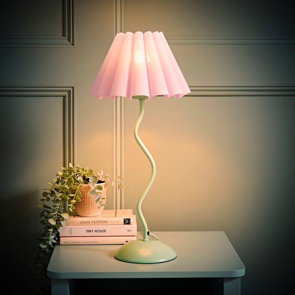 image 1 of ValueLights Wiggle Lilac Pleated Scallop Shade Moss Green Metal Table Lamp and Bulb