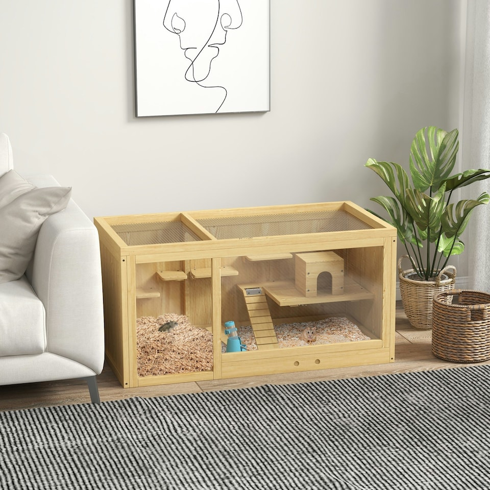 image 1 of PawHut Wooden Hamster Cage with Water Bottle, Platforms, Openable Roof