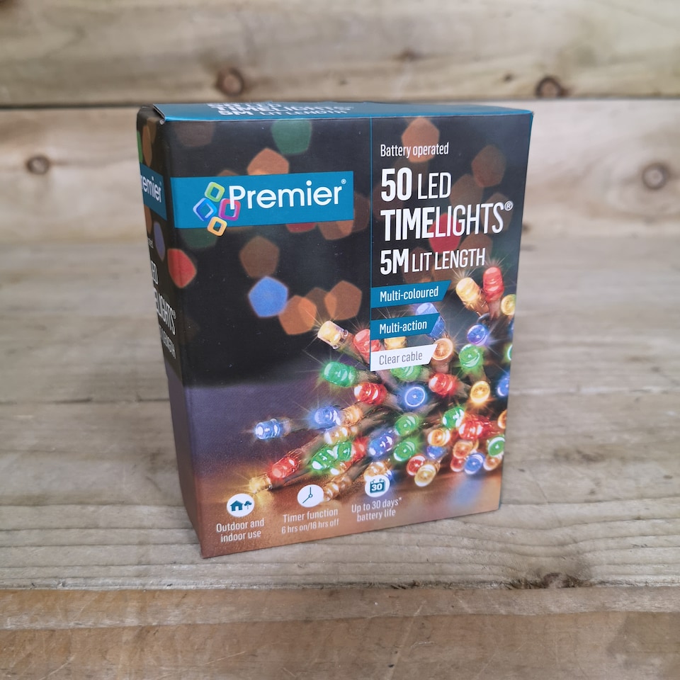 image 1 of 50 LED 5m Premier Christmas Outdoor Multi Function Battery Lights with Timer & Clear Cable in Multicoloured