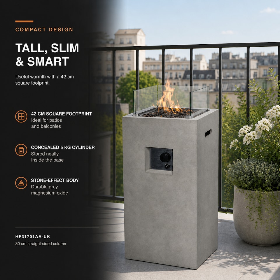 image 1 of Teamson 42cm Gas Fire Pit Column with Glass Wind Guard & Lava Rocks
