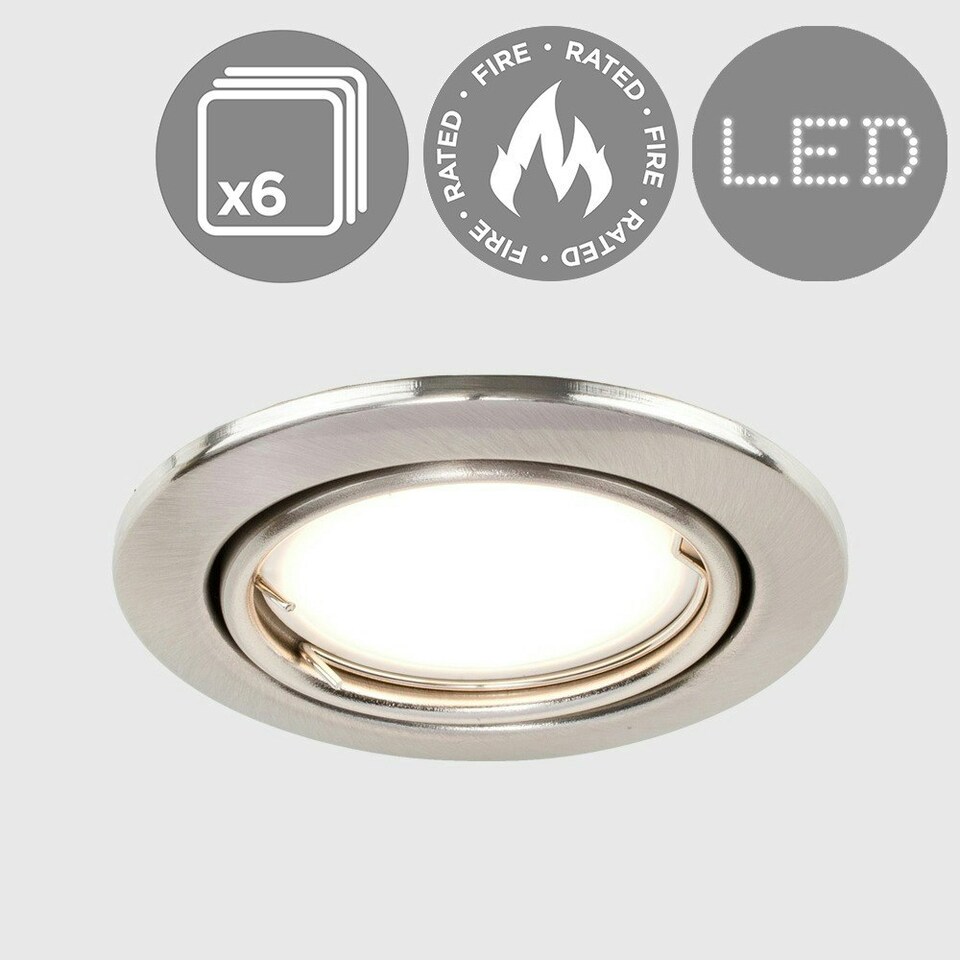 image 1 of ValueLights 6 Pack Fire Rated Brushed Chrome Tiltable GU10 Recessed Ceiling Downlights