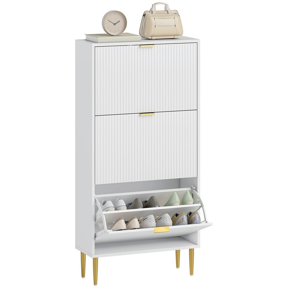 image 1 of HOMCOM Slim Shoe Storage Cabinet with 3 Flip Drawers for Hallway White | Gold | 60W x 24D x 128H cm