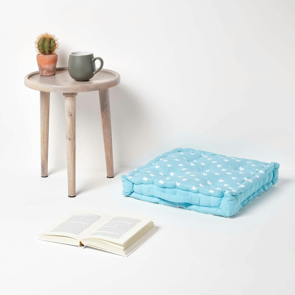 image 1 of Homescapes Cotton Blue Stars Floor Cushion - 40 x 40 cm | Blue | 40 x 40 cm