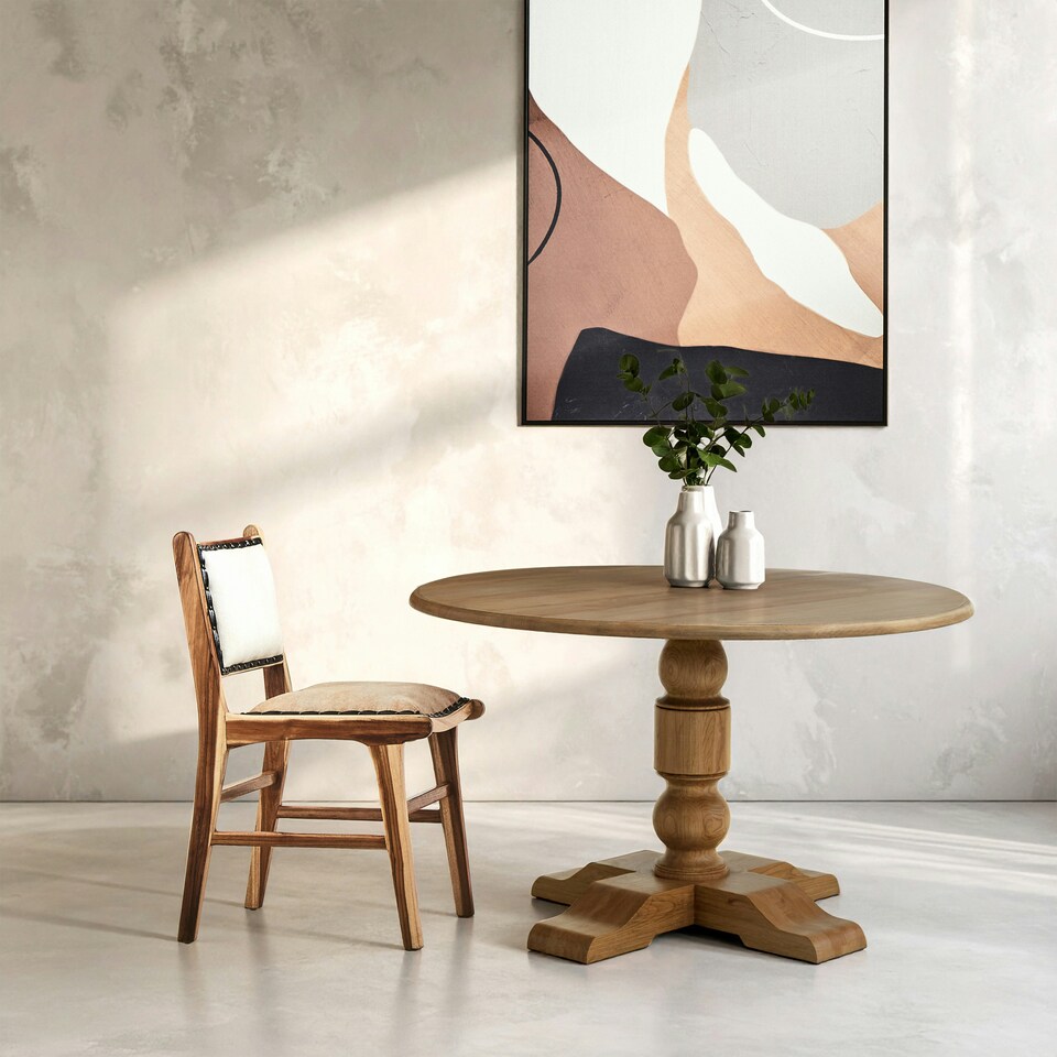 image 1 of Interiors by Premier Oak Wood Natural Round Dining Table, Dining Room Table with Carved Base, Artistic Dining Table for Kitchen Cream