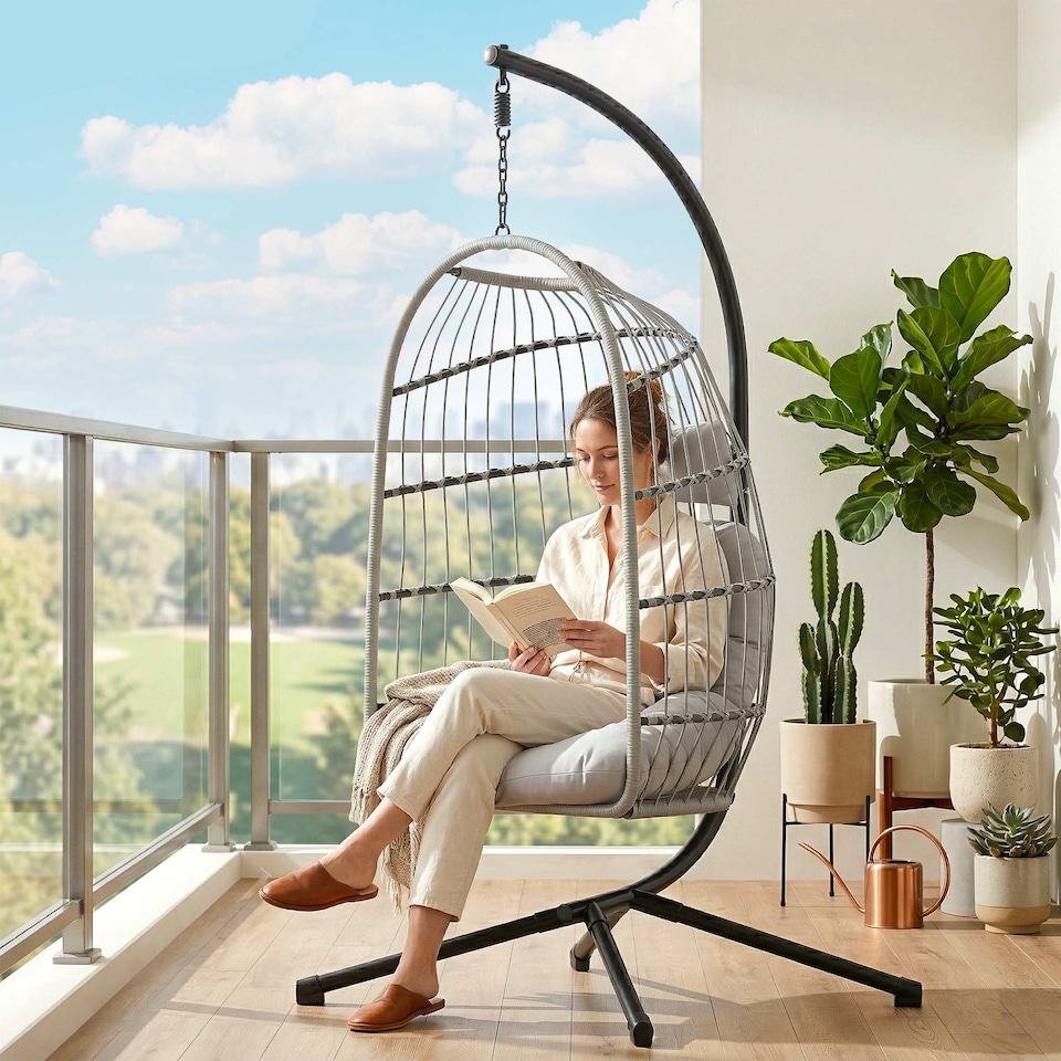 image 1 of Outsunny Hanging Egg Chair, Outdoor Swing Chair with Stand, Light Grey | Grey | Light Grey | One Size