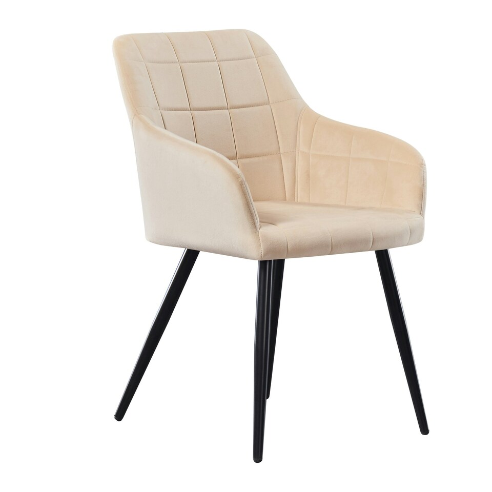 image 1 of Single Camden Modern Velvet Dining Chair with Armrests, Quilted Design & Black Metal Legs Cream