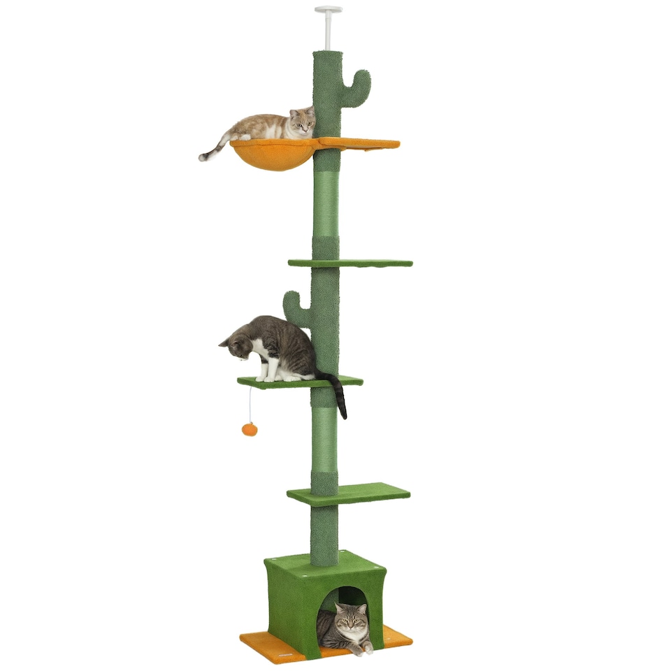 image 1 of PawHut 6-Level Floor to Ceiling Cat Tree, 230-275cm Height, Green