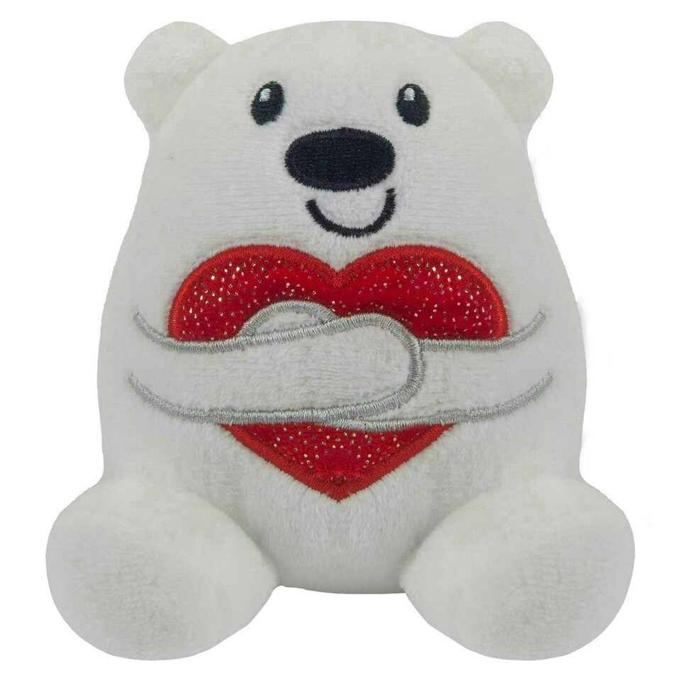 image 1 of Valentines Love Bear Soft Toy Hugging Shiny Heart Cute Plush Cuddly 10cm White