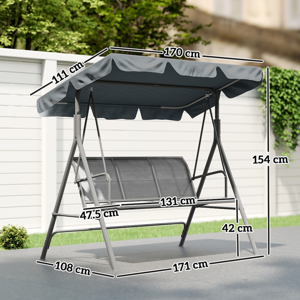image 1 of Outsunny 3 Seater Swing Chair, Garden Swing Bench with Adjustable Tilting Canopy, Breathable Mesh Seat and Heavy Duty Metal Frame for Patio, Garden | Grey