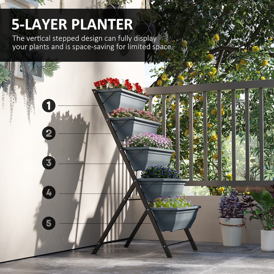 image 1 of Outsunny 5-Tier Raised Garden Bed, Ladder Planter with 5 Removable Boxes | Grey | Grey | 1