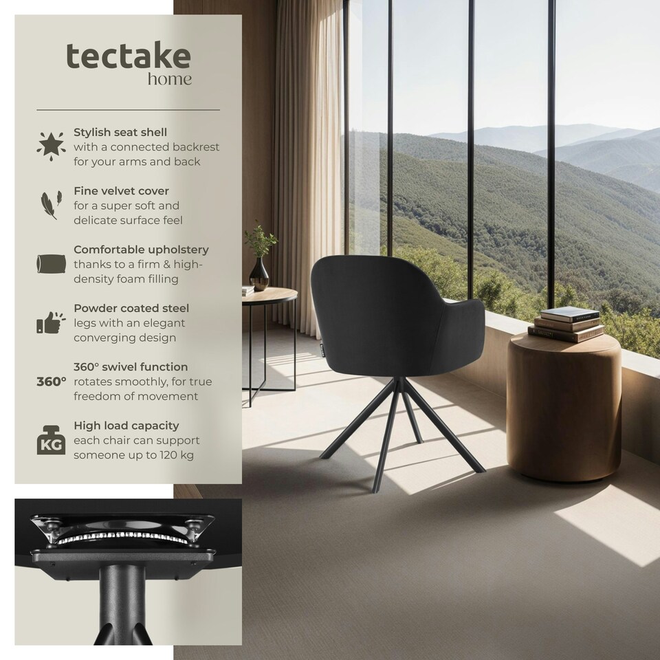 image 1 of Lounge Armchair Living Room Accent Chair 360 Swivel Slim Steel Legs Velvet Fabric - per piece Black | Black/Black