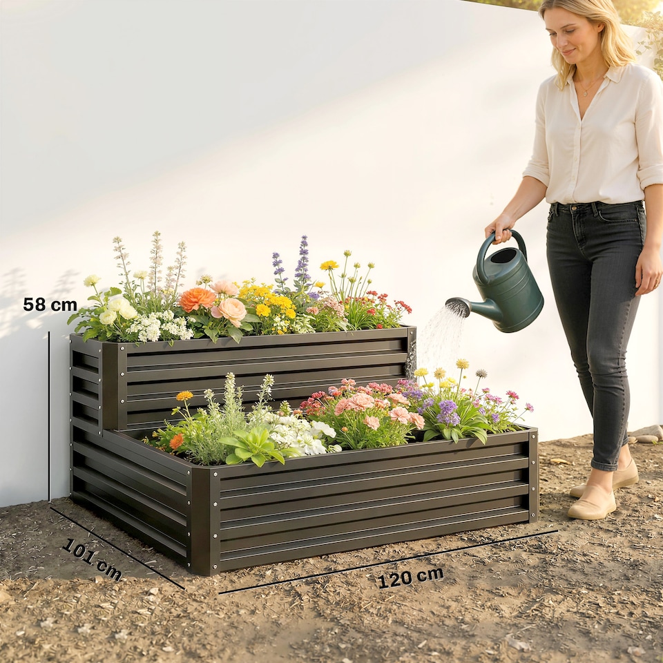 image 1 of Outsunny 2 Tier Galvanised Raised Garden Bed Planter Box Open Bottom Dark Grey | Grey | Dark Grey