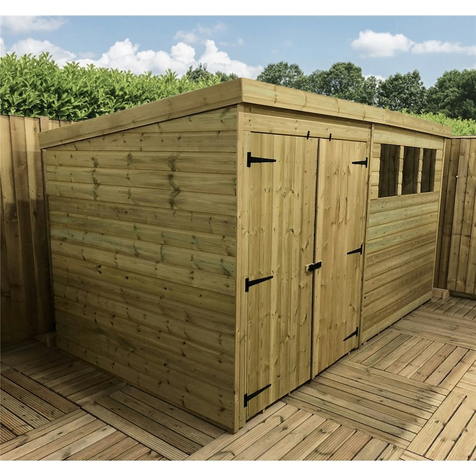 image 1 of 12 x 5 Garden Shed Pressure Treated T&G PENT Wooden Garden Shed - 3 Windows + Double Doors (12' x 5' / 12ft x 5ft) (12x5)