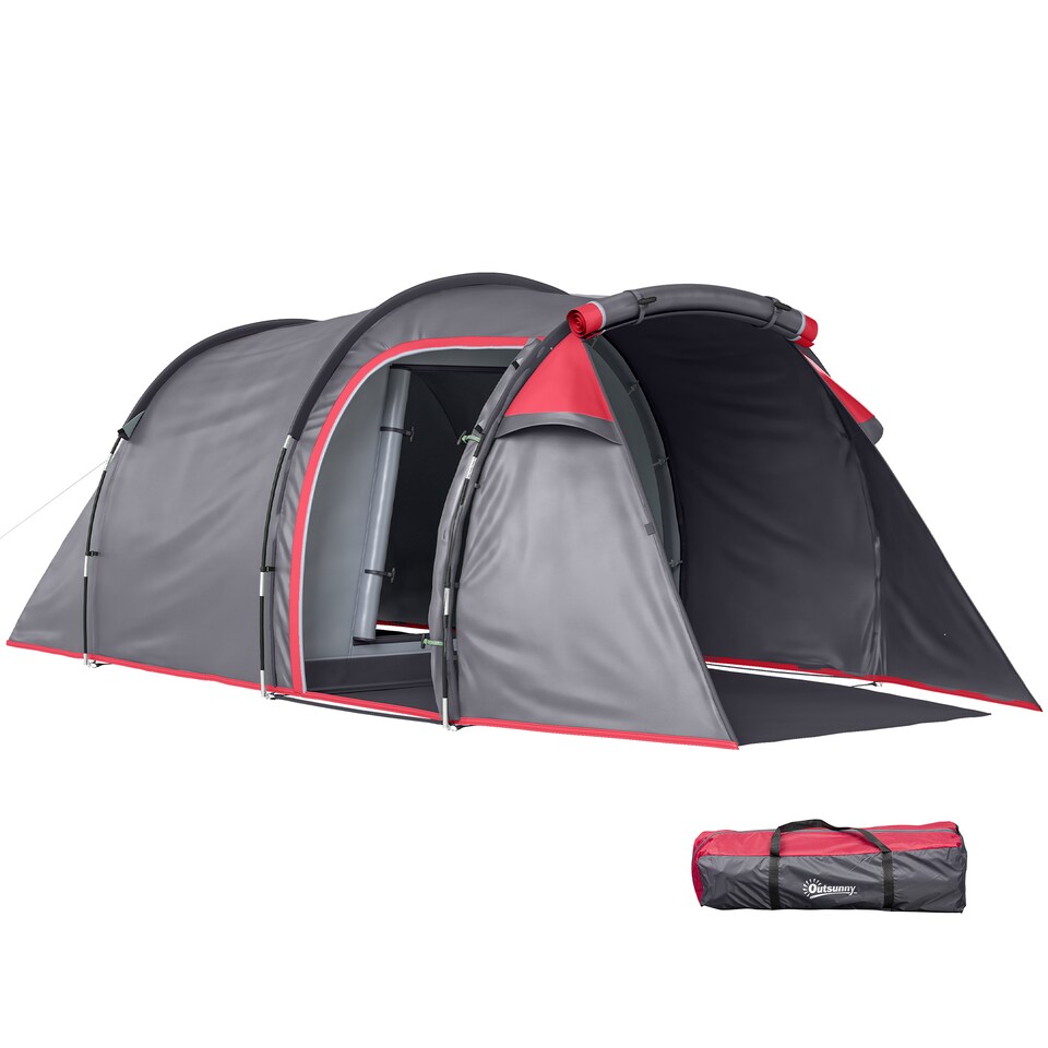 image 1 of Outsunny 2 Man Camping Tent with 2 Rooms Porch Vents Rainfly, Dark Grey