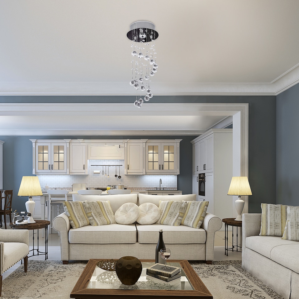 image 1 of HOMCOM Metal Crystal Ceiling Light Chandelier Elegant Pendant Lamp Living Room Stairway Stairway Spiral Rain Drop Pendant Lamp Silver