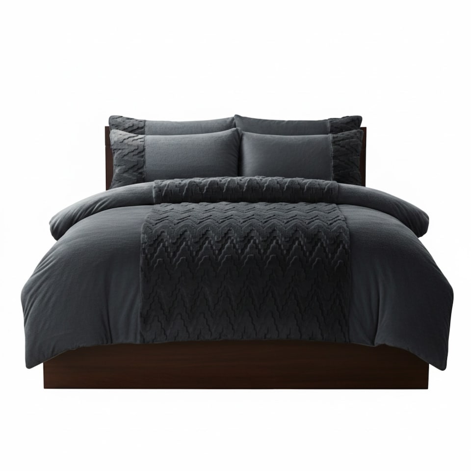 image 1 of Zig Zag 3D Teddy Duvet Cover Set Ultra Soft Teddy Fleece Bedding with Pillowcases | Grey | King