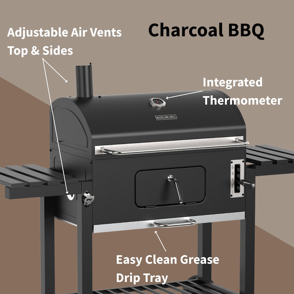 image 1 of Woodland Grill Heavy Duty Charcoal BBQ Grill with Foldable Side Shelves, Black - OC01CBQ5032 | Black | 1