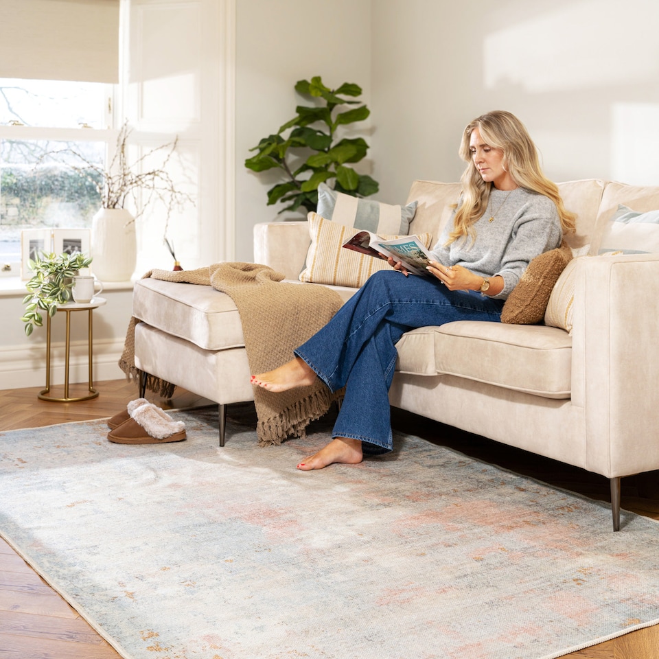 image 1 of KUKOON Beige Pastel Pink Distressed Abstract Washable Living Room Area Rug 120cm x 170cm