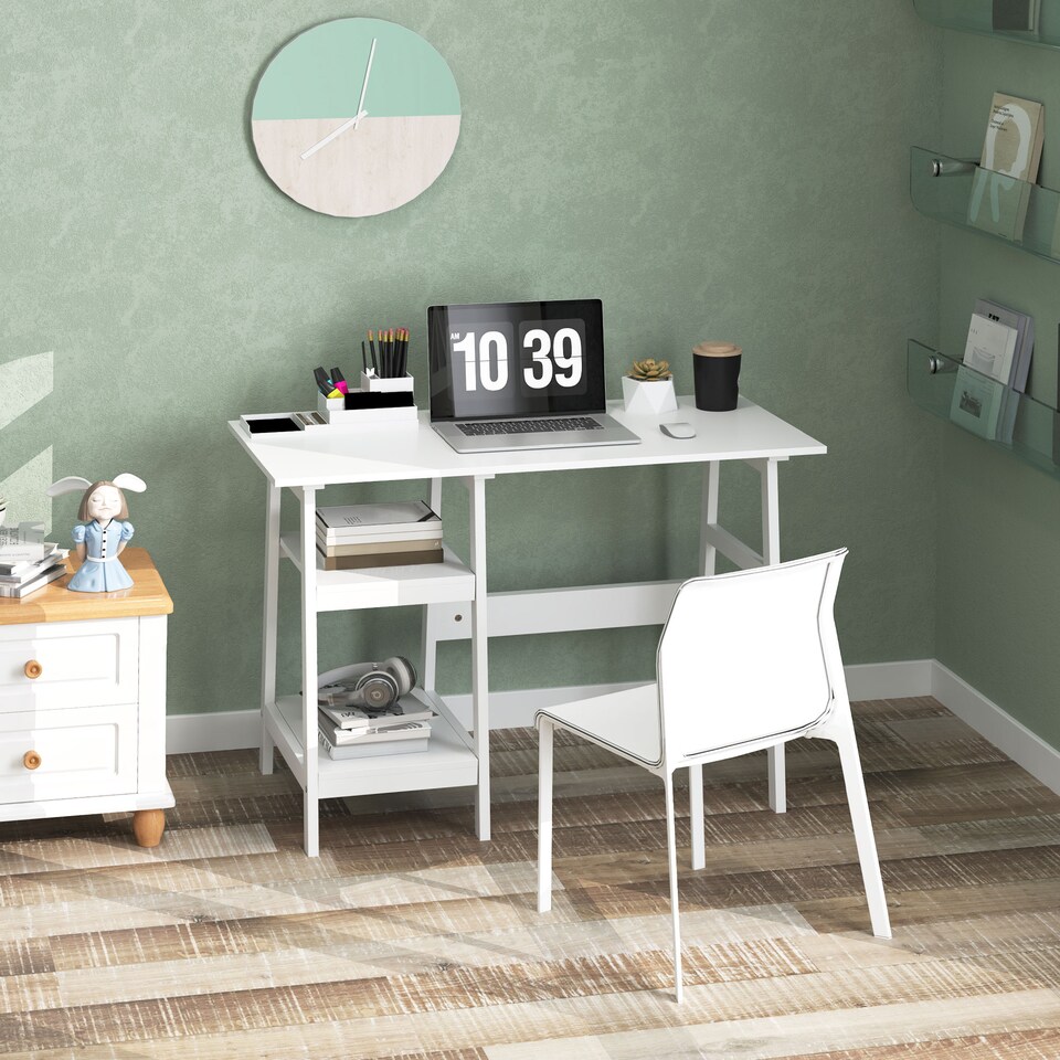 image 1 of HOMCOM Compact Computer Desk with Storage Shelves, Study Table with Bookshelf, PC Table Workstation for Home Office, Study, Easy Assembly, 106 x 51cm, White | White