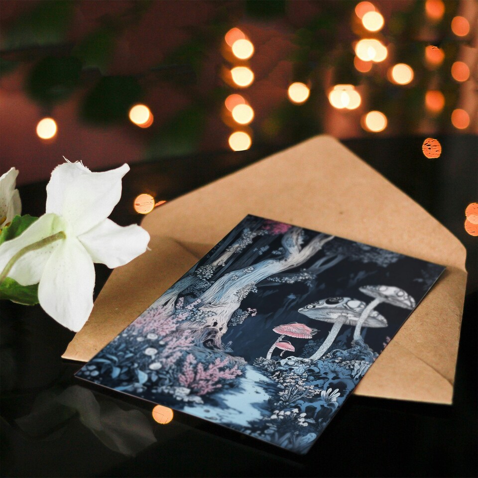 image 1 of Magical Forest Mushroom Wildflower Path Fantasy Birthday Greeting Card