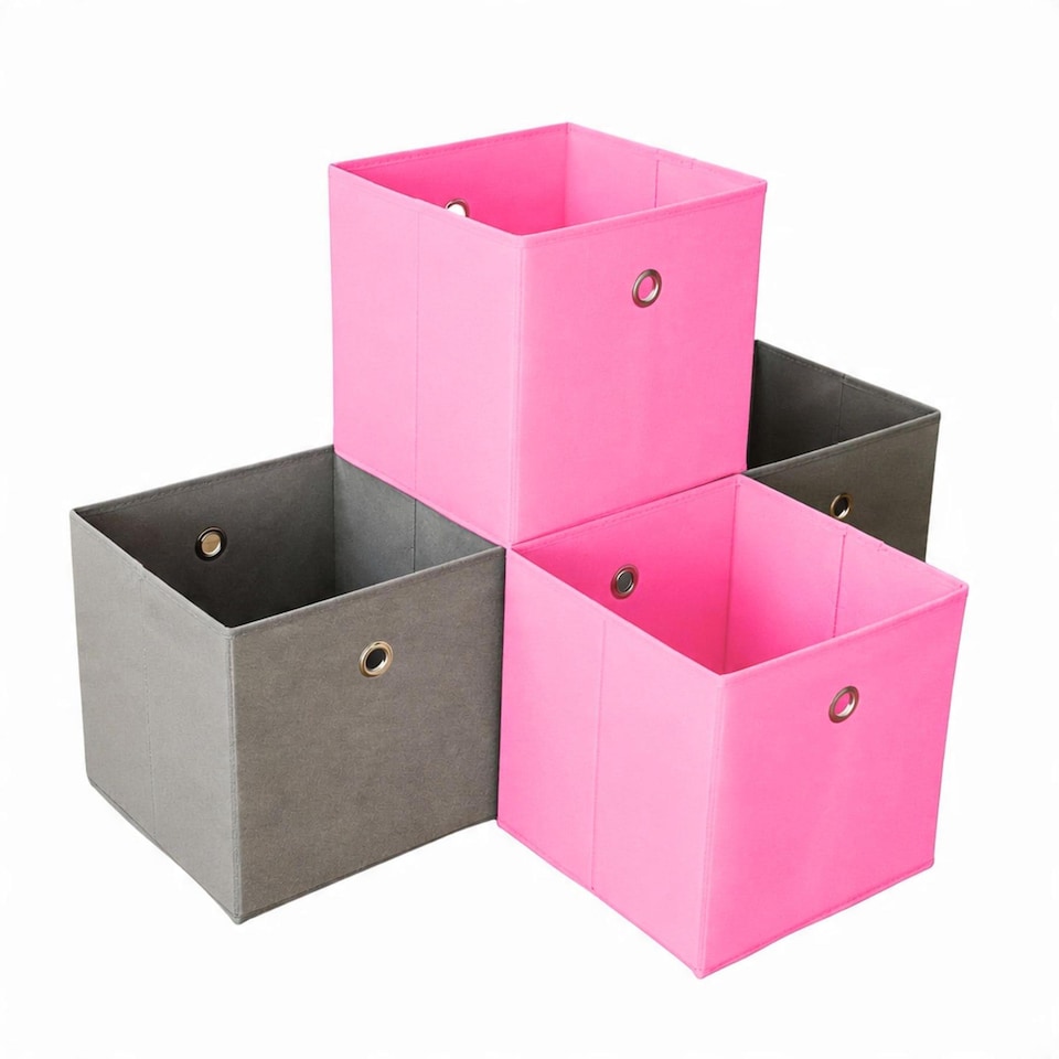 image 1 of Folding Square Storage Utility Box Drawer 4 Piece Fabric Cube Set | Multi | Pink and Grey