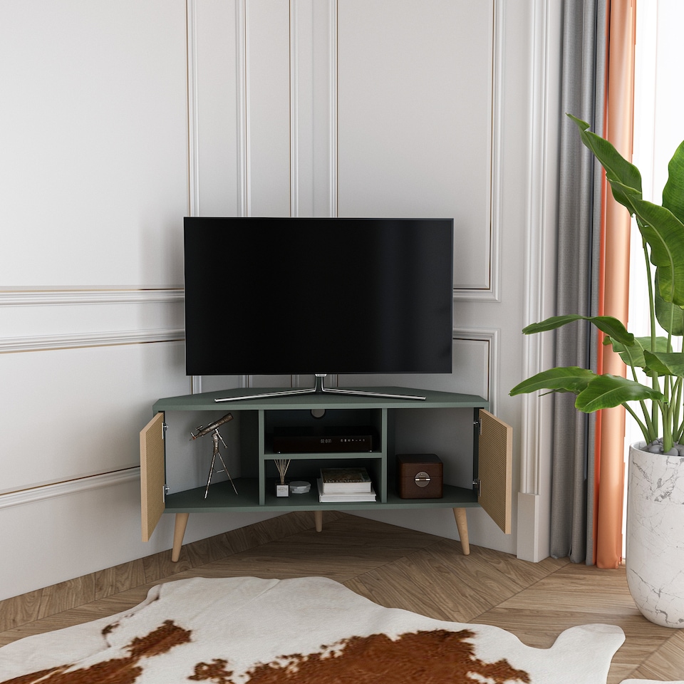image 1 of Decorotika Lesson 120 cm Corner TV Unit for TVs up to 51 inches with Cabinets and Open Shelves | Green | Silva Green and Rattan Pattern | One Size | 1