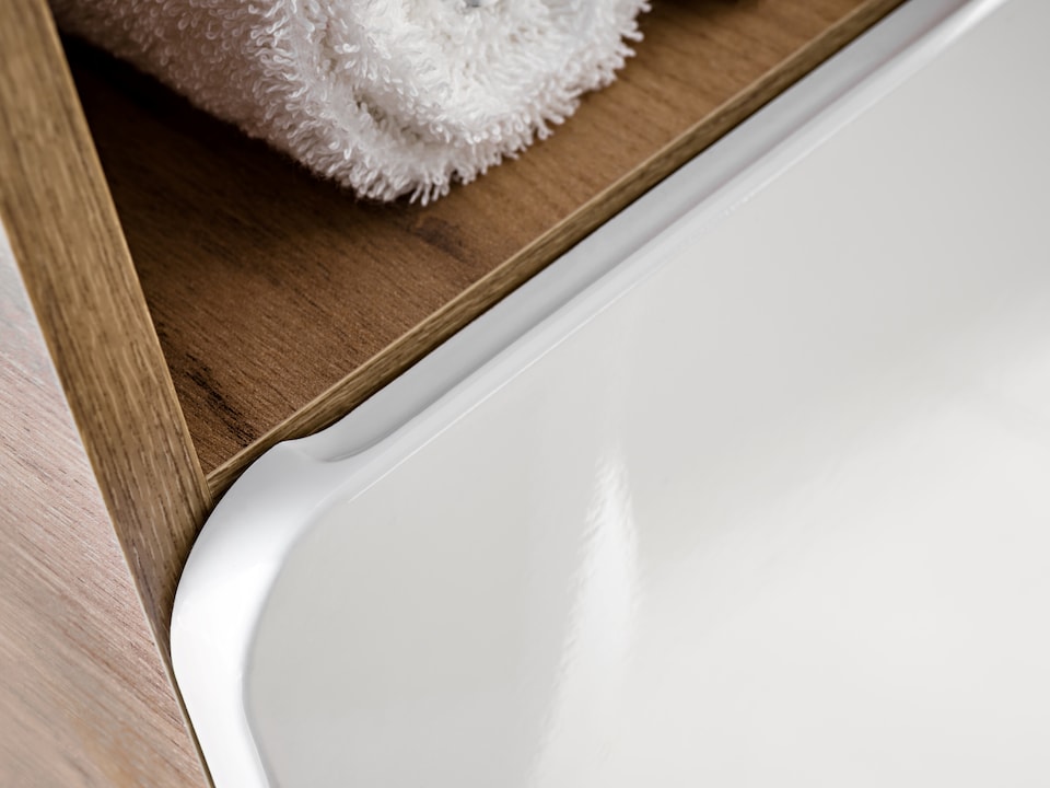 image 1 of Tall Bathroom Cabinet Slim Narrow Tallboy Wall Hung Storage Unit White Gloss and Oak Floating Modern Shelving Aruba