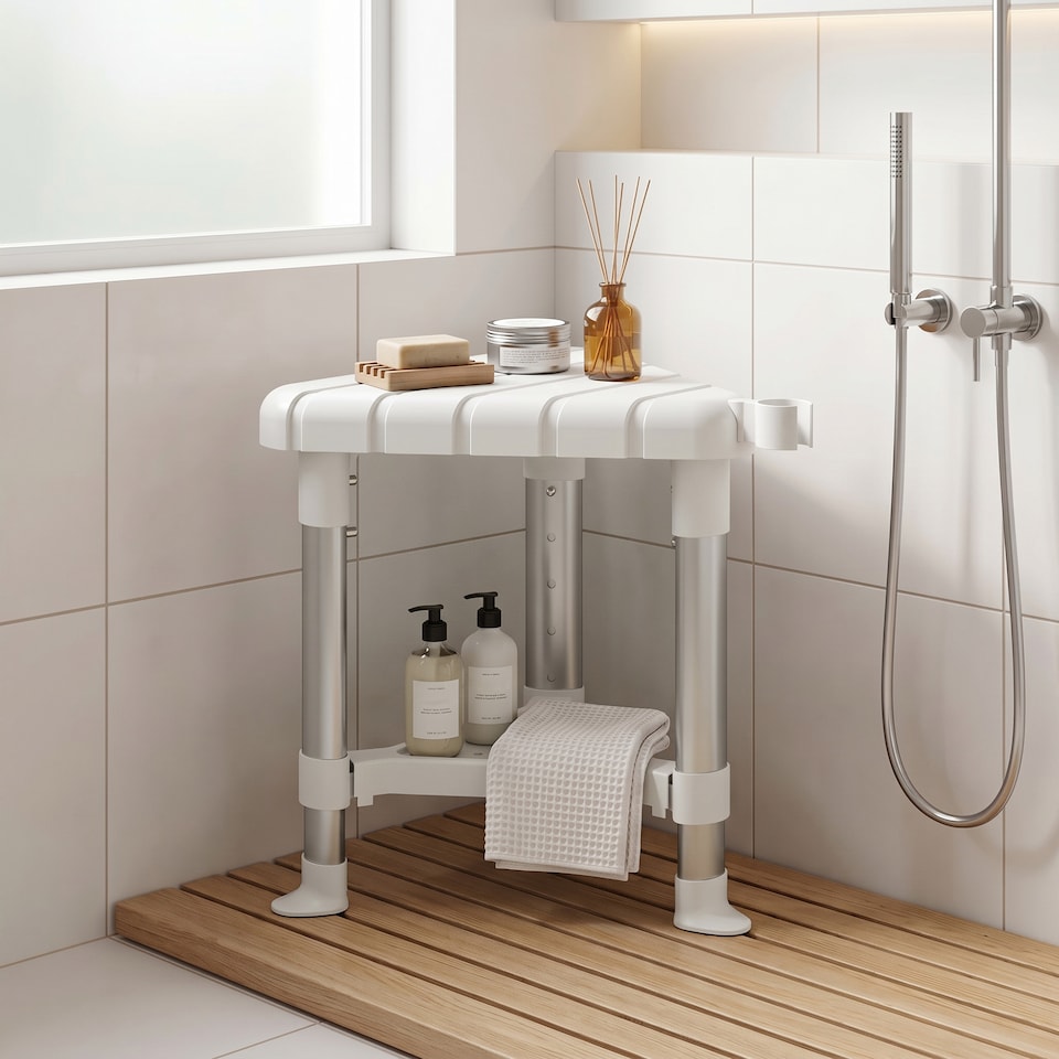 image 1 of HOMCOM Shower Stool with Storage Shelf and HDPE Seat, White