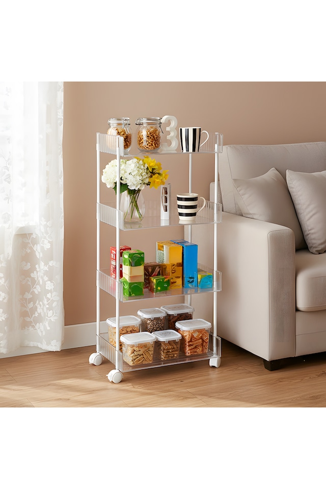 image 1 of Living and Home 4-Tier Transparent Rolling Storage Cart | Clear
