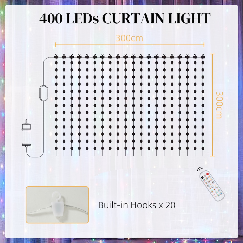 image 1 of HOMCOM LED Curtain Lights, Smart Colour Changing Fairy String Lights with Remote and App, 400 RGBIC LED, Dynamic DIY Hanging, for Bedroom Living Room Wall, 3x3 m