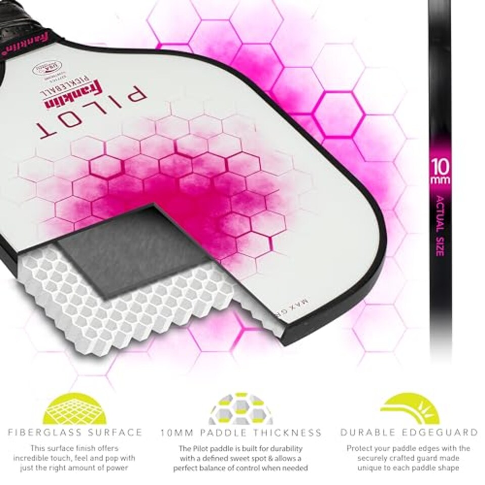 image 1 of Franklin Sports Pickleball Paddle - Pilot Polypropylene Core Racket - Official USA Pickleball (Usapa) Approved Paddle - Lightweight Pro Racket - Pink - 10mm Thick Core