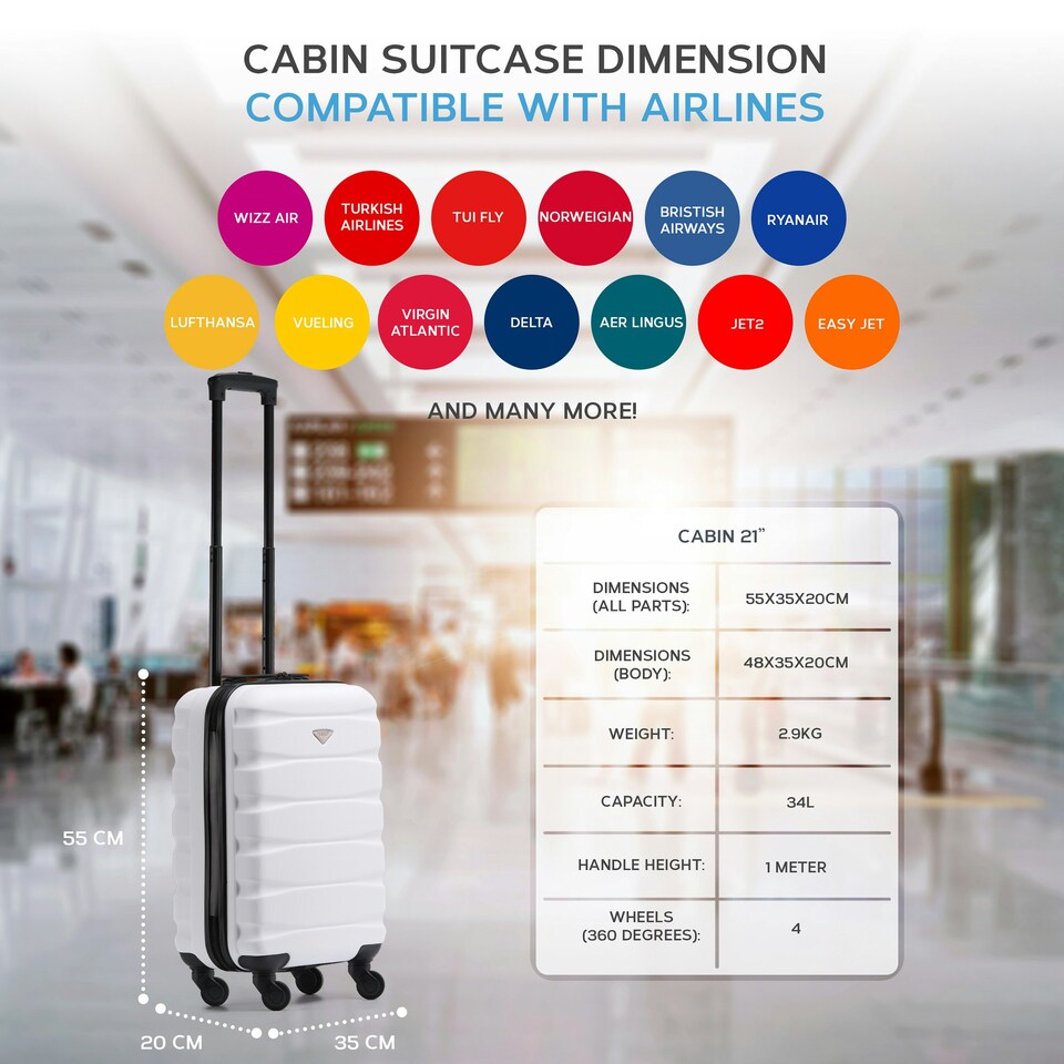image 1 of 55x35x20cm Carry On Cabin Hard Shell Suitcase - 100+ Airlines Approved Including EasyJet (Paid), British Airways, Ryanair (Priority), TUI White | White/Black | Cabin Bag