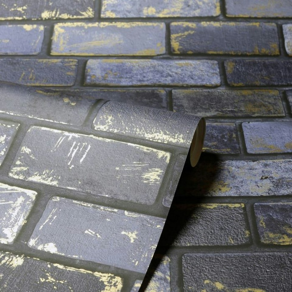 image 1 of Arthouse Brick Wallpaper - Navy/Gold - 10m x 53cm Blue