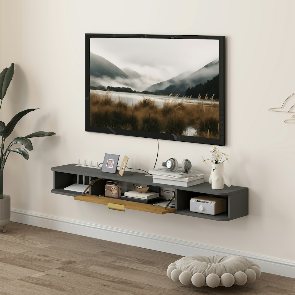 image 1 of HOMCOM 140 cm Floating TV Unit with Storage Entertainment Media Console Grey 