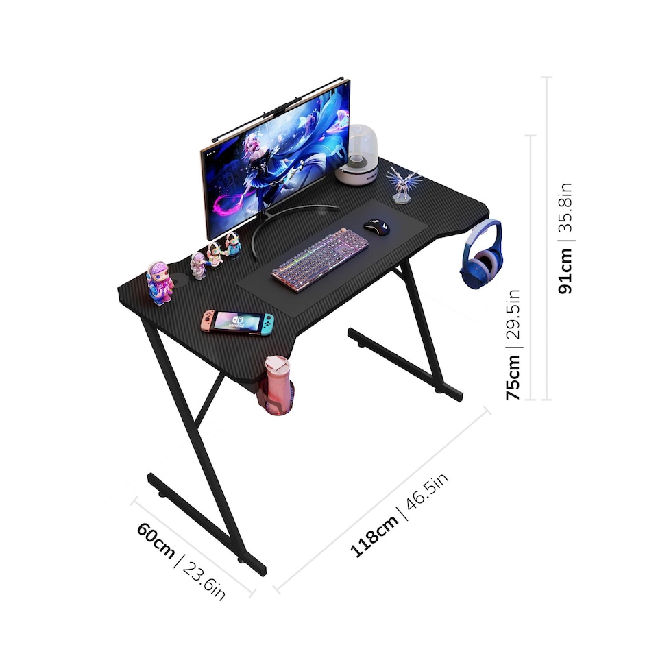image 1 of House of Home Gaming Desk Carbon Fibre Finish Black 120cm Cup Holder, Headphone Hook | Black