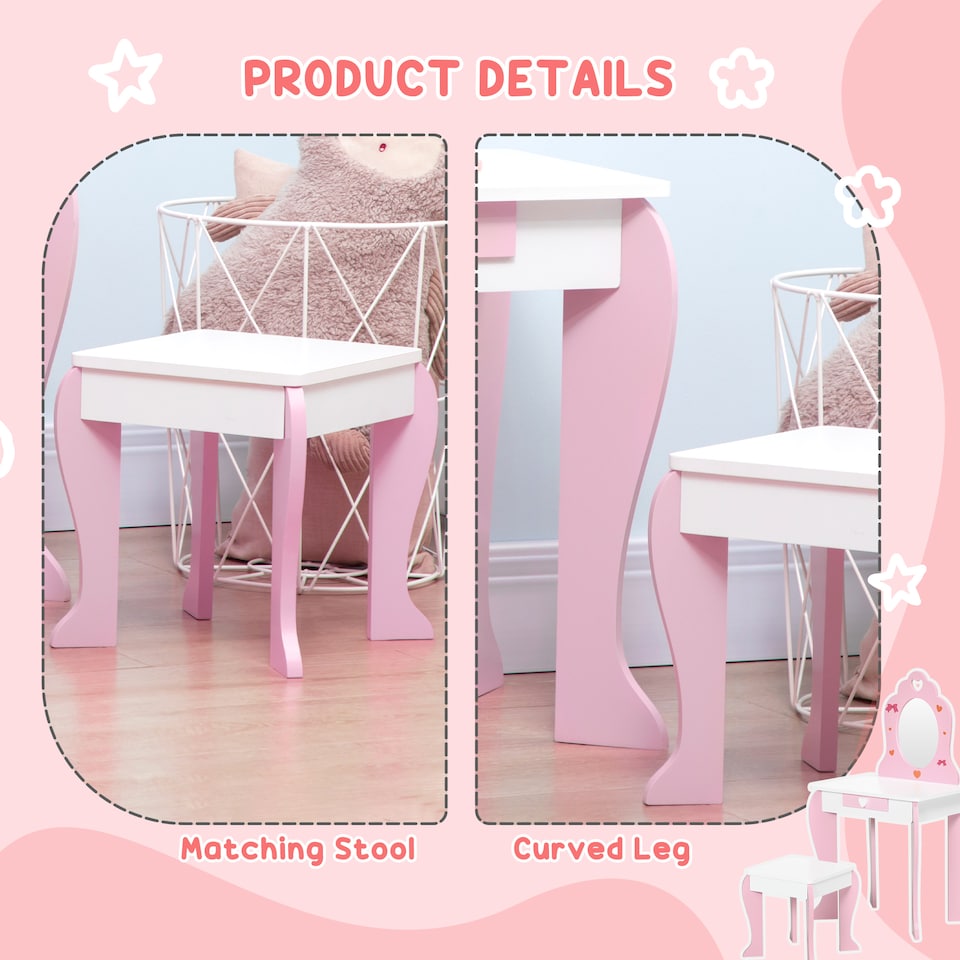 image 1 of ZONEKIZ Kids Vanity Set w Mirror, Drawer, Cute Patterns, for Girls - Pink | Pink | White