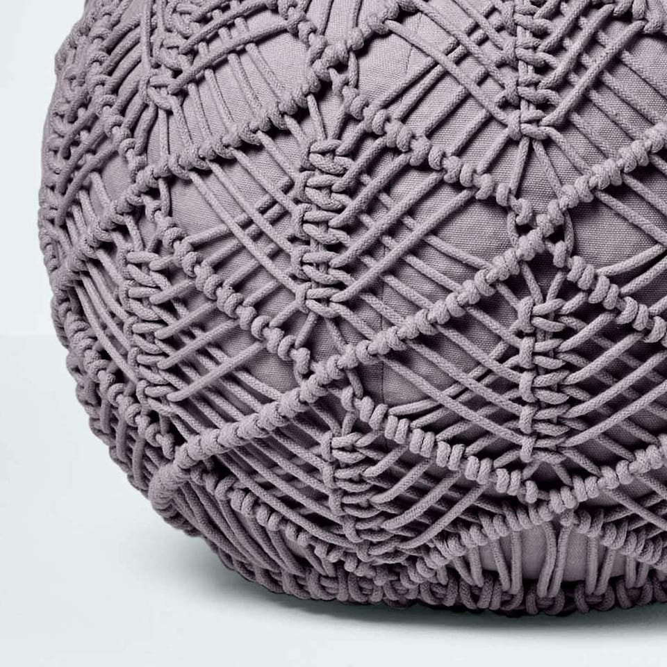 image 1 of Homescapes Grey Macrame Knitted Pouffe - 35 x 40 cm