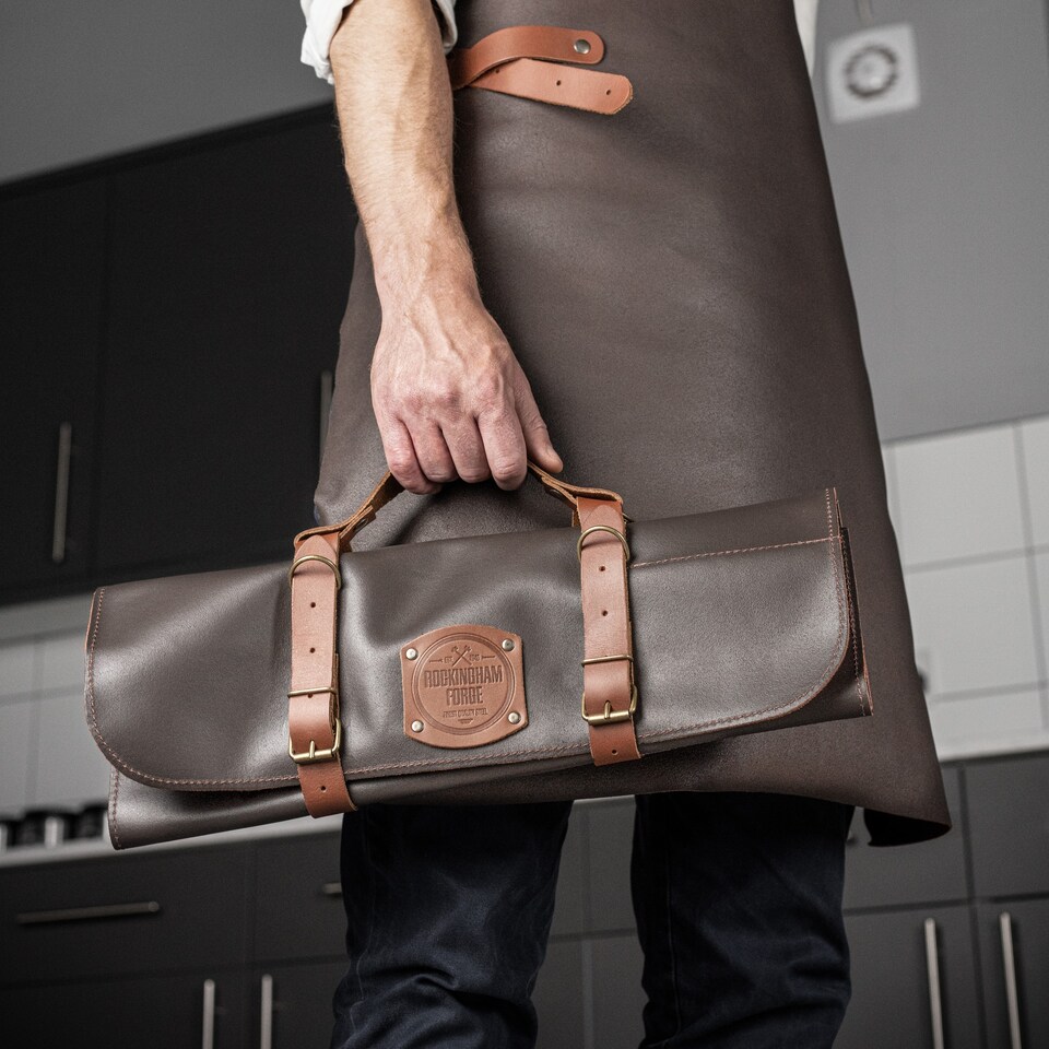 image 1 of Rockingham Forge Leather Knife Roll Case, Brown Italian Leather - 5 Pockets