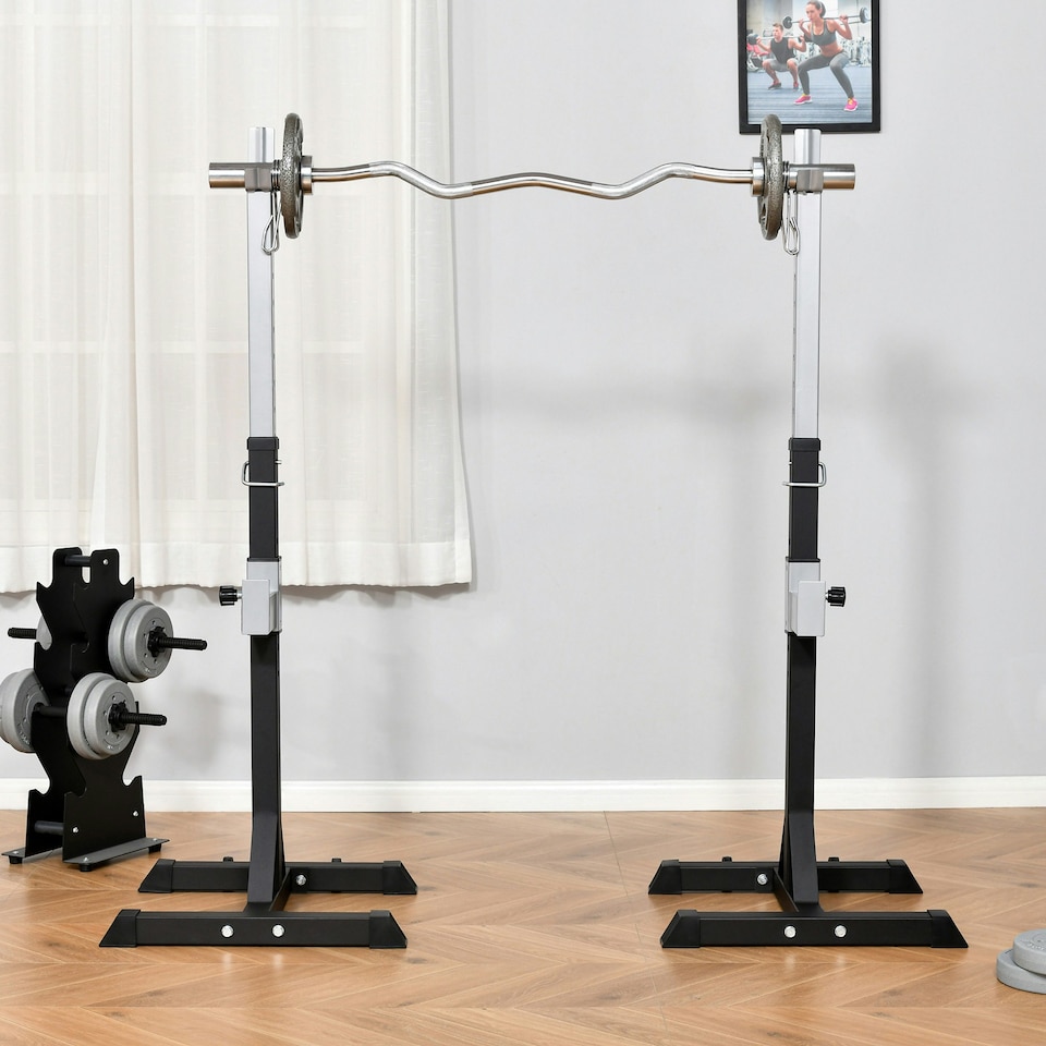image 1 of HOMCOM 2 Pairs Barbell Squat Rack Portable Stand Weight Lifting Bench w/ Wheels
