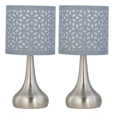 Set of 2 Romana - Brushed Chrome Touch Operated Table Lamps Bedside Lights Grey Laser Cut Shade Silver | Grey