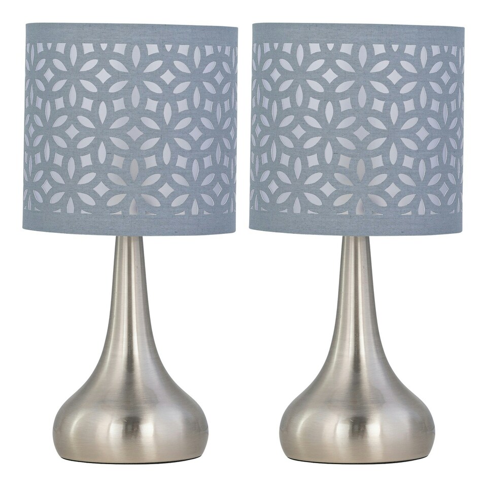 image 1 of Set of 2 Romana - Brushed Chrome Touch Operated Table Lamps Bedside Lights Grey Laser Cut Shade Silver | Grey