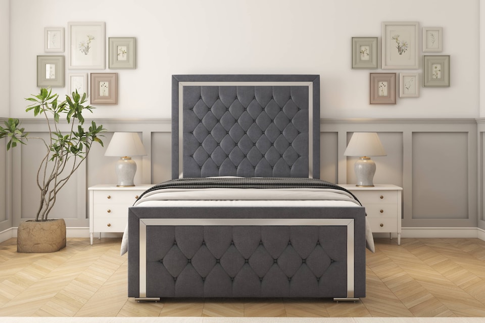 image 1 of Sloomy Sofia Chrome Steel Plush Bed Frame With Mattress With 50" Upholstered Headboard 4'6 Double