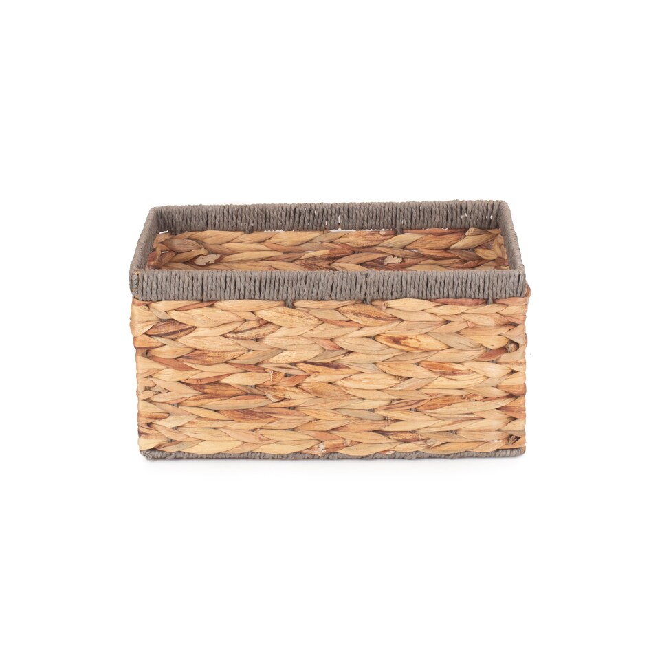 image 1 of Small Water Hyacinth With Grey Rope Border Rectangular Storage Basket | Brown | Brown