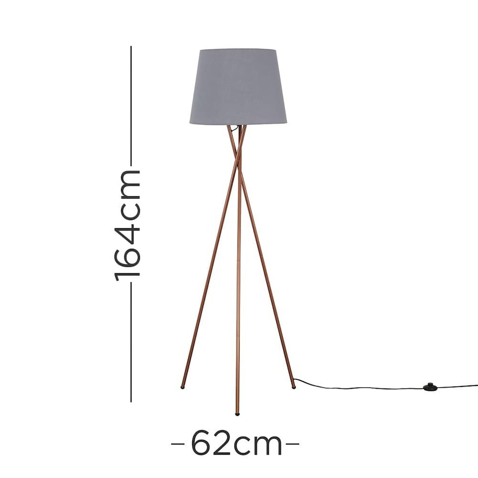image 1 of ValueLights Camden Copper Tripod Floor Lamp Grey Taper Shade