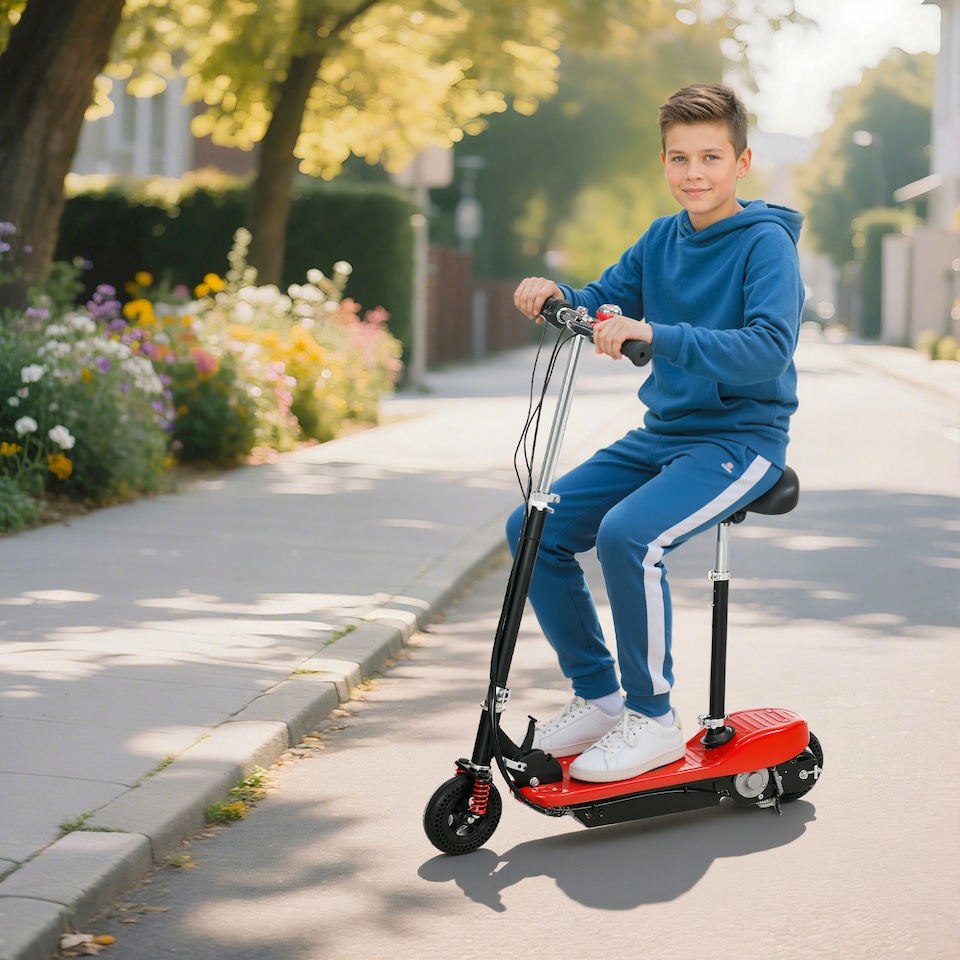image 1 of HOMCOM Folding Ride on Powered Scooter w Warning Bell for Age 6-14 Years | Red | Black and Red