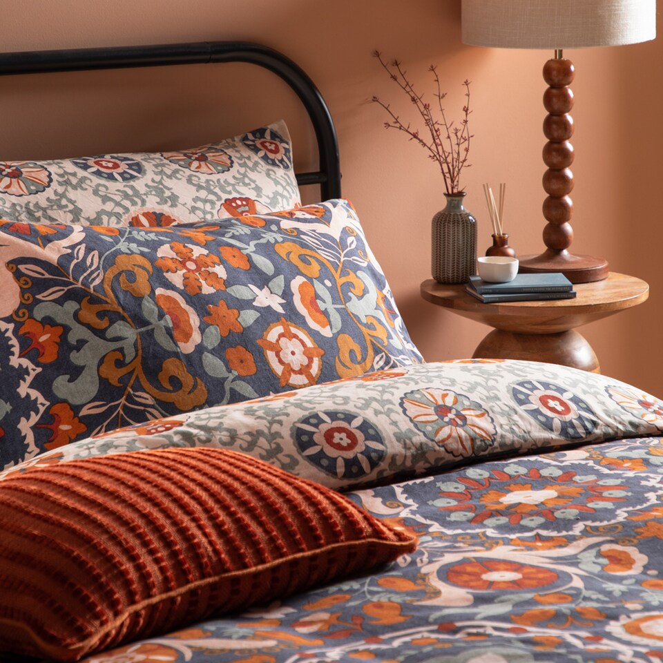 image 1 of Furn Kinfolk Printed Reversible Duvet Cover Set | Blue | Denim Blue | Double