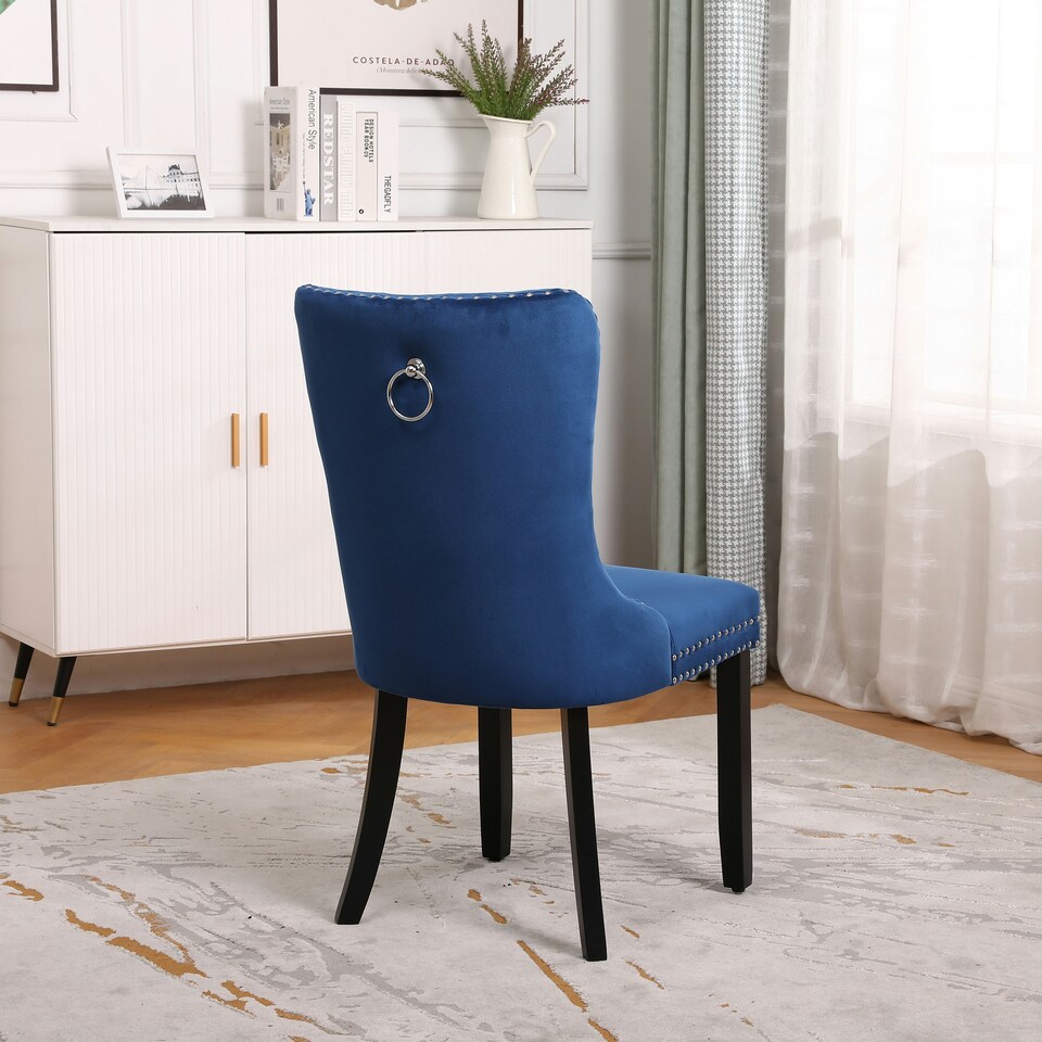 image 1 of Blue Set of Six Studded Velvet Dining Chair with Ring Knocker Detail Blue